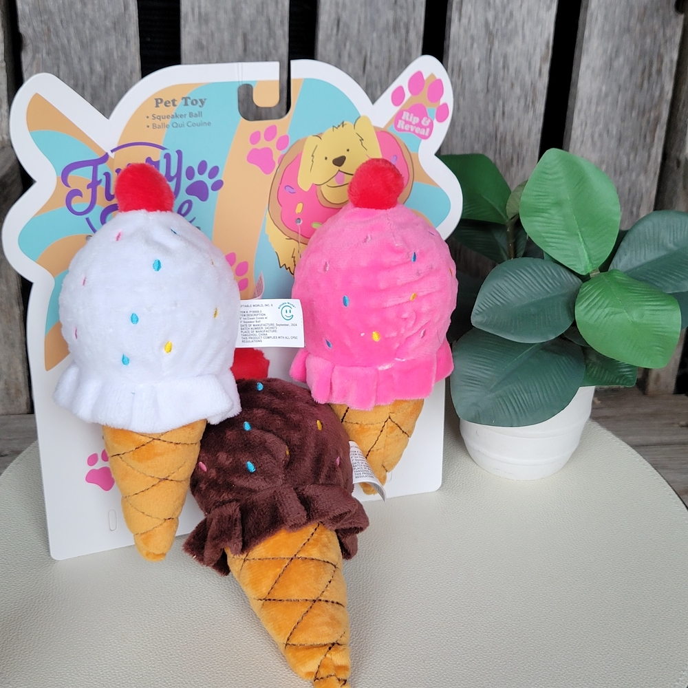 Plush & Squeak Ice Cream Cone Dog Toys - Pink, White, Brown